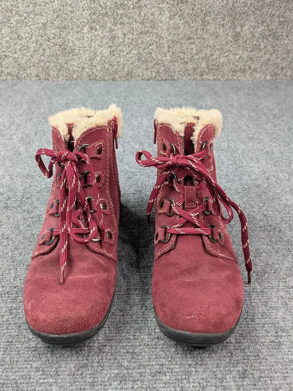 Earth Origins Boots Womens 8 Red Crowley Leather Faux Fur Ankle Zip Lace Up